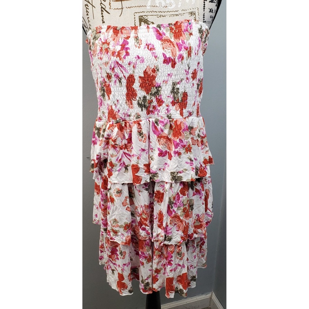 Lascana for Venus Strapless Dress Womens XL Multi Floral Tiered Smocked Bodice